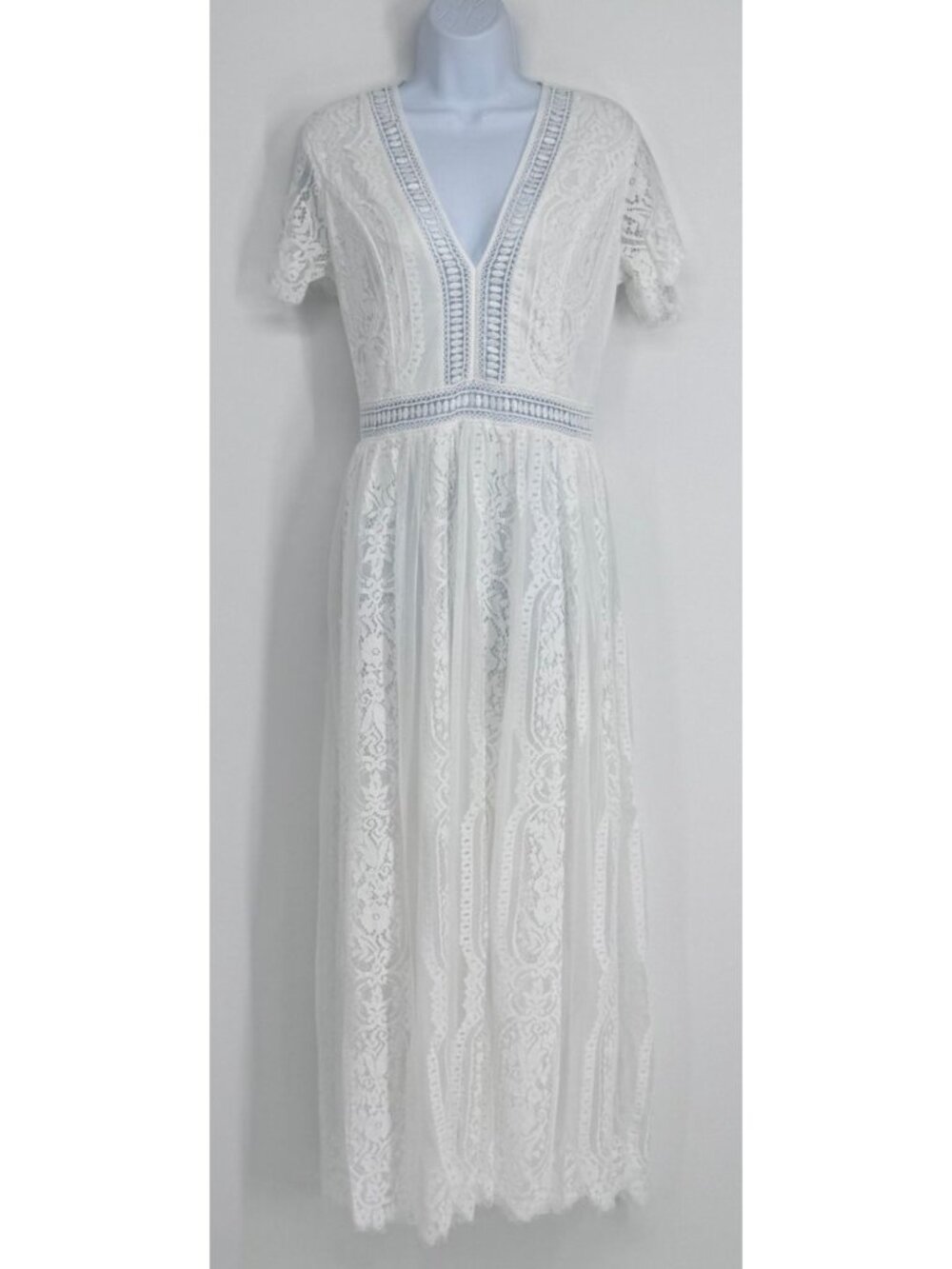 White Lace Maxi Dress Women M Short Sleeve Whimsy Sheer Overlay Fairy Boho